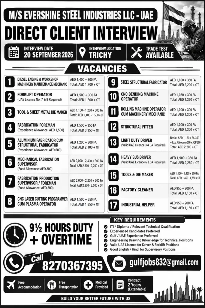 UAE Job Vacancies 2026: Ever Shine Steel Industries LLC Announces Direct Client Interview in Trichy