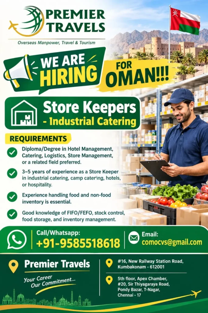Store Keeper Jobs in Oman 2026 – Premier Travels Recruitment