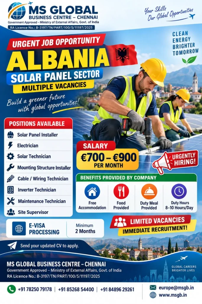 Albania Solar Panel Recruitment 2026: Multiple Vacancies | Salary €700–€900, Free Accommodation & Food 1 Albania Solar Panel Recruitment 2026: Multiple Vacancies | Salary €700–€900, Free Accommodation & Food