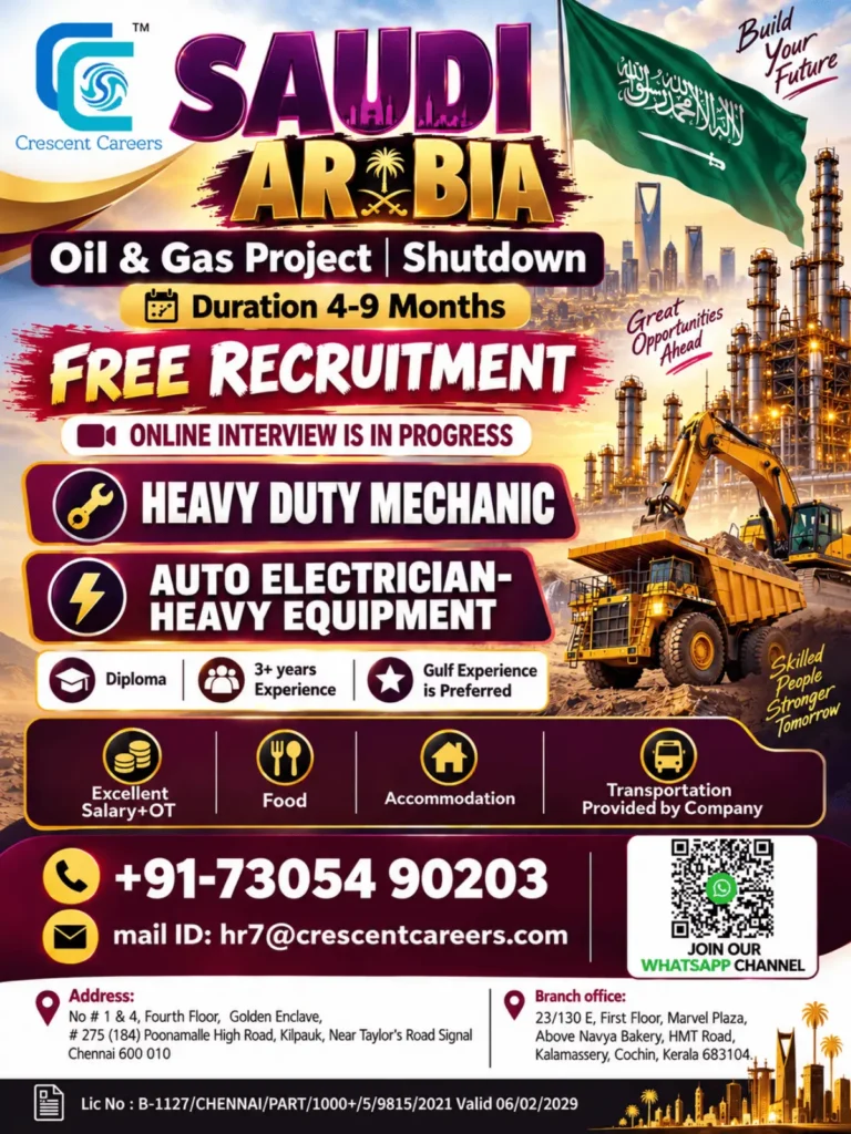 Saudi Arabia Oil & Gas Recruitment 2026: Heavy Duty Mechanic & Auto Electrician Jobs | Free Recruitment