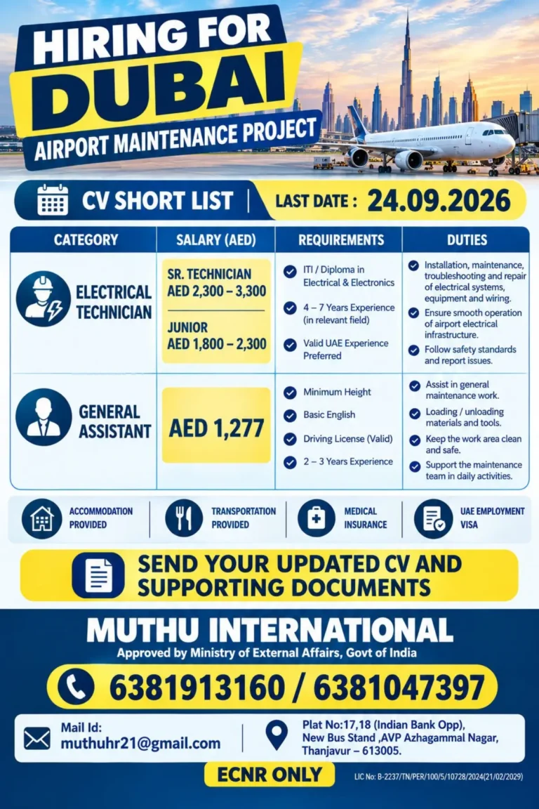 Dubai Airport Maintenance Project Recruitment 2026: Electrical Technician & General Assistant Jobs