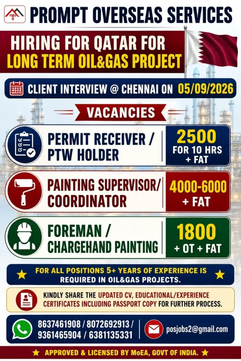 Qatar Oil & Gas Jobs 2026 – Long-Term Project Vacancies in Qatar with Client Interview in Chennai
