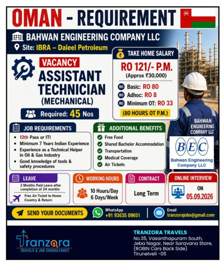 Oman Jobs 2026: Assistant Technician Mechanical Vacancies at Bahwan Engineering Company LLC