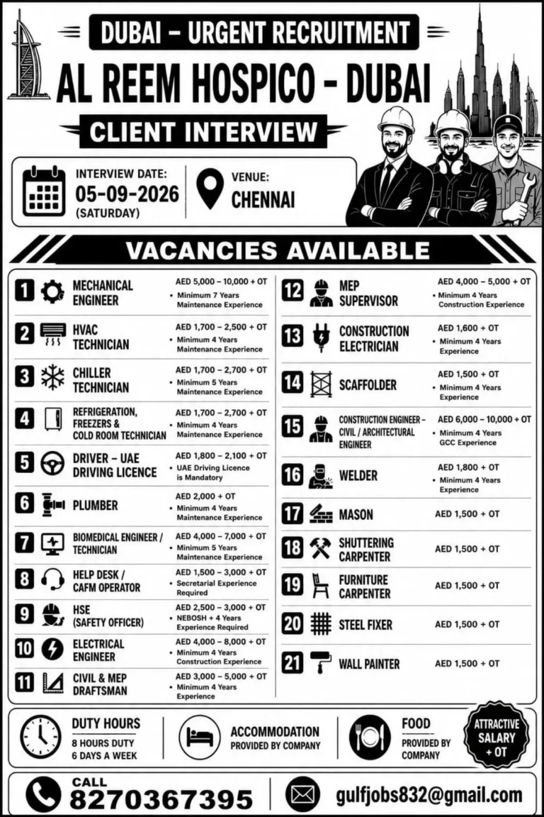 Al Reem Hospico Dubai Urgent Recruitment 2026 – Walk-In Client Interview in Chennai