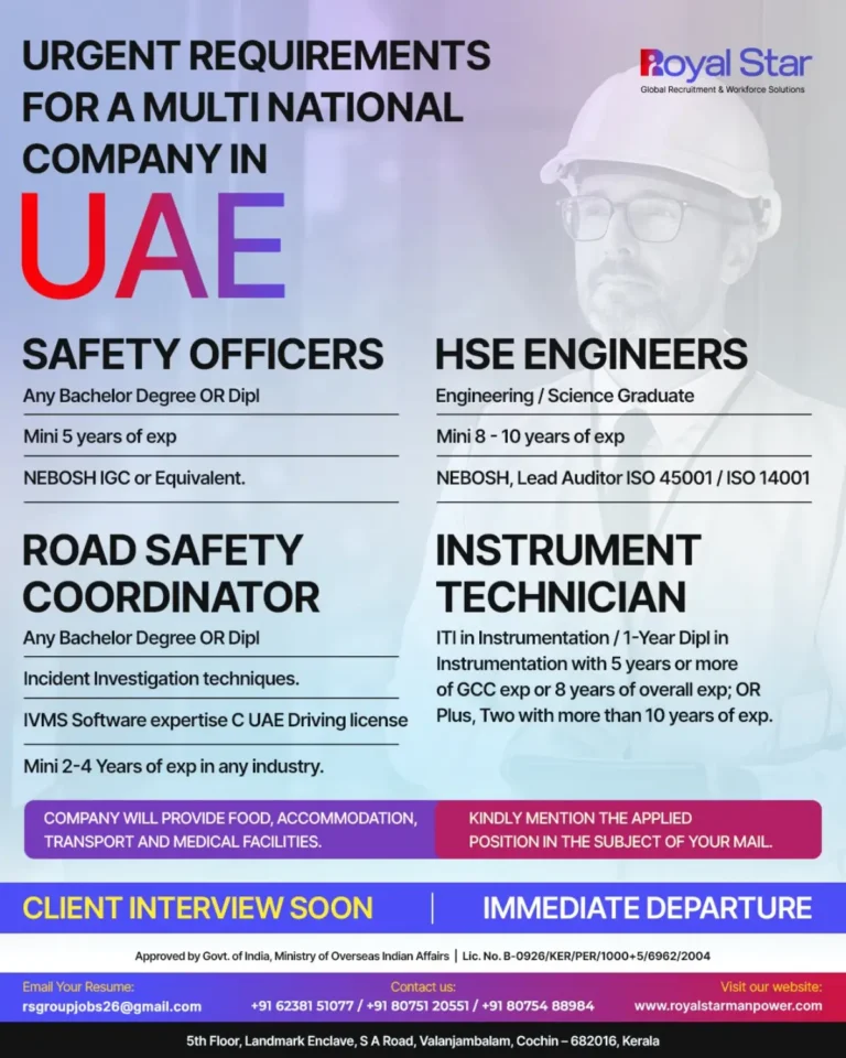 UAE Jobs 2026: Urgent Vacancies for Safety Officers, HSE Engineers, Road Safety Coordinators & Instrument Technicians
