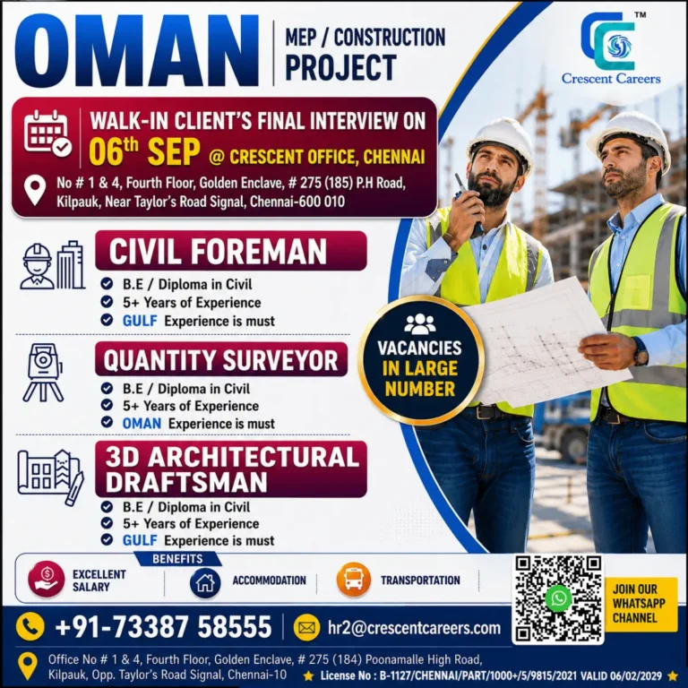Oman MEP / Construction Project Jobs 2026 – Walk-In Final Interview in Chennai on September 6