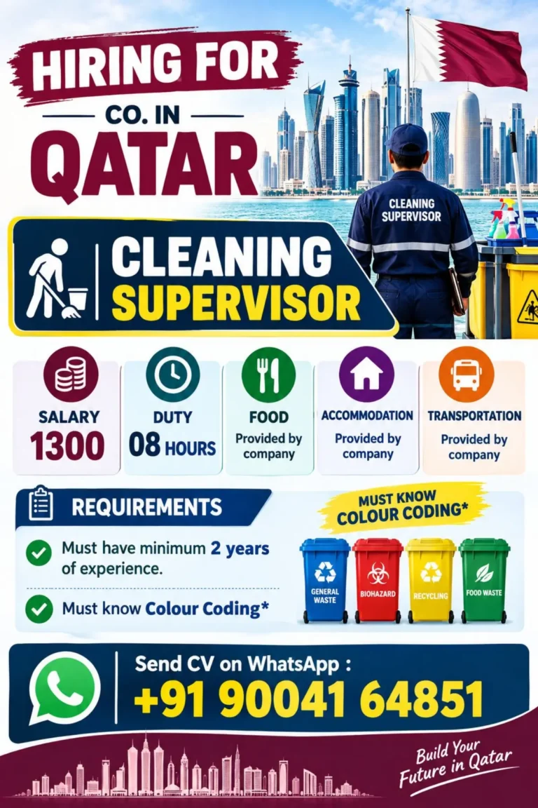 Qatar Cleaning Supervisor Jobs 2026: Salary QAR 1,300, Free Food, Accommodation & Transportation