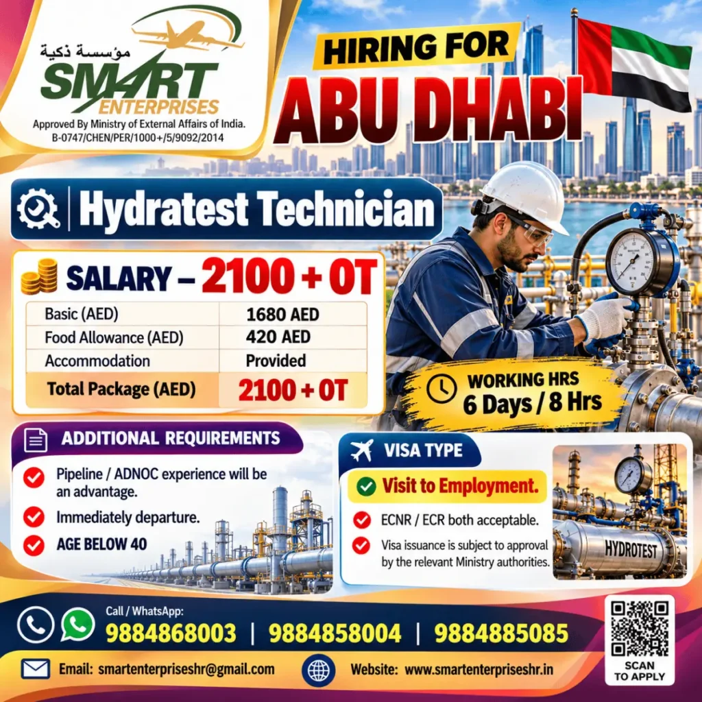 Abu Dhabi Hydrastest Technician Jobs 2026 – Salary AED 2,100 + OT | Smart Enterprises