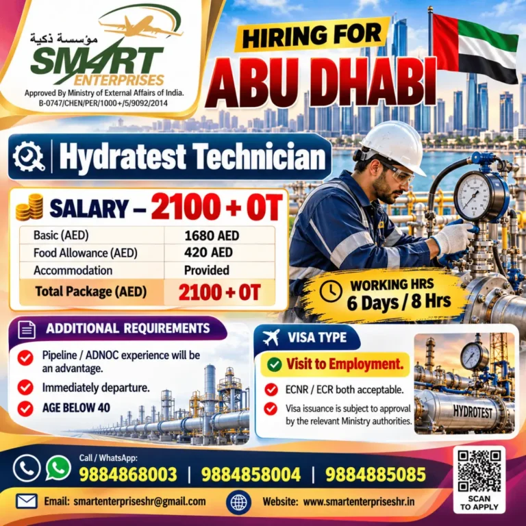Abu Dhabi Hydrastest Technician Jobs 2026 – Salary AED 2,100 + OT | Smart Enterprises