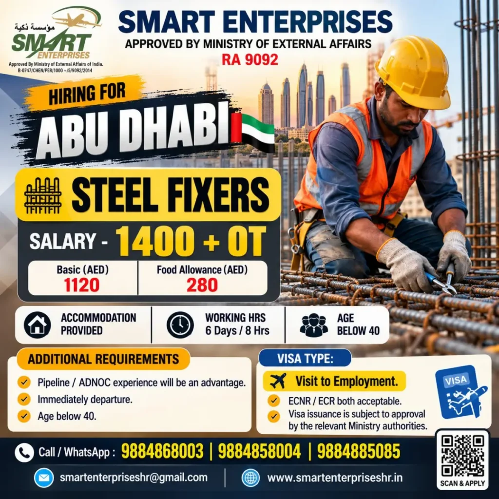 Abu Dhabi Steel Fixer Jobs 2026: Salary AED 1,400 + OT, Accommodation | Smart Enterprises
