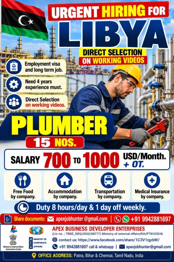 Libya Plumber Recruitment 2026: Apply for 15 Plumber Vacancies | Salary $700–$1,000