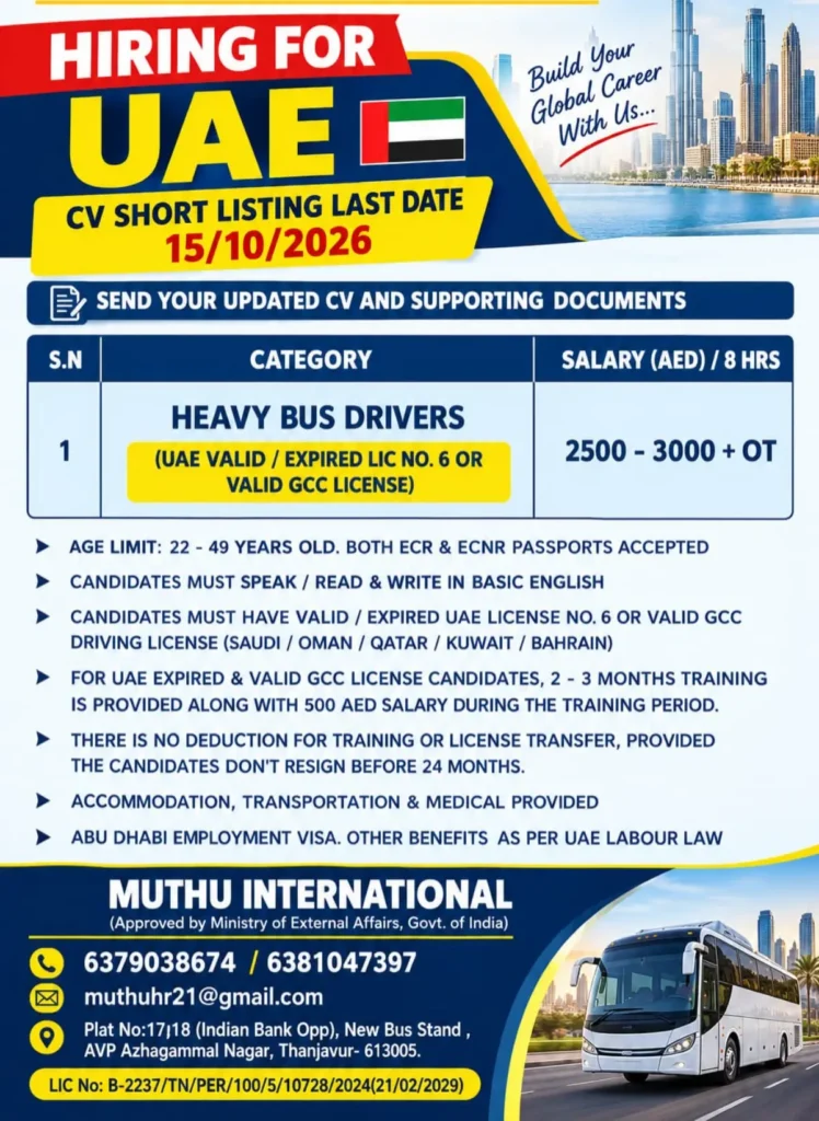 UAE Heavy Bus Driver Jobs 2026: Salary AED 2,500–3,000, Apply Before 15 October