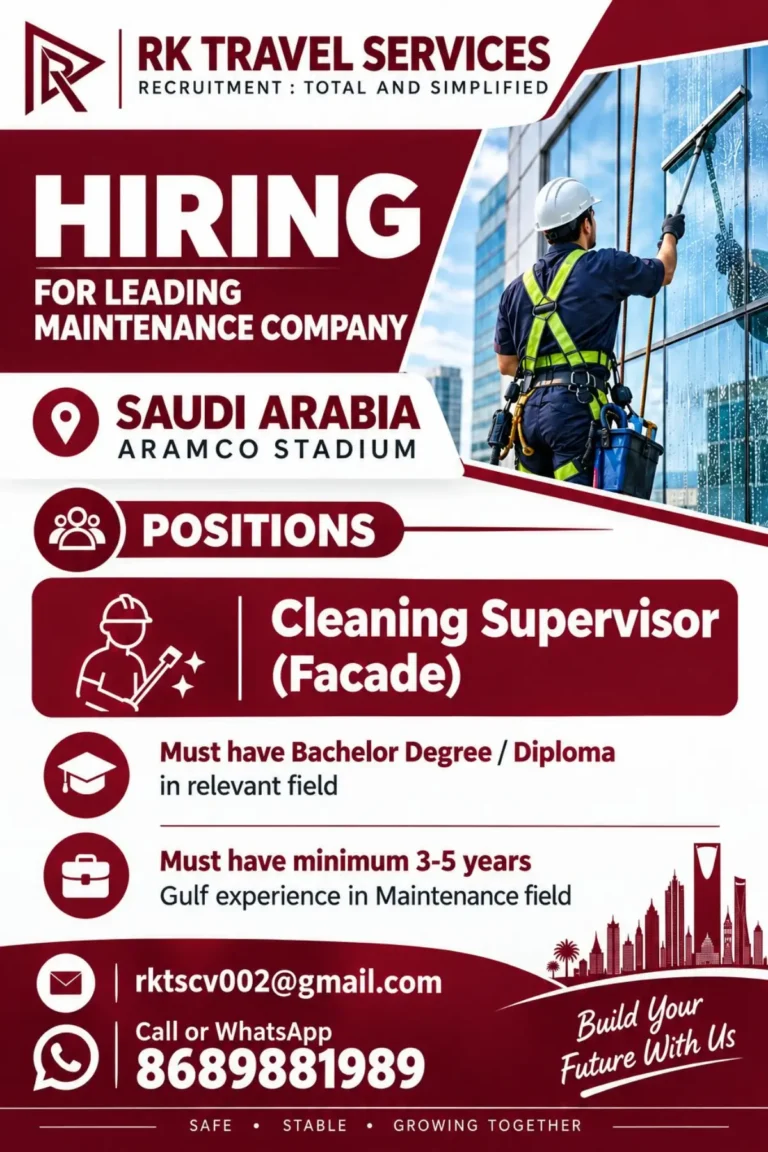 RK Travel Services Recruitment 2026: Cleaning Supervisor (Façade) Job in Saudi Arabia