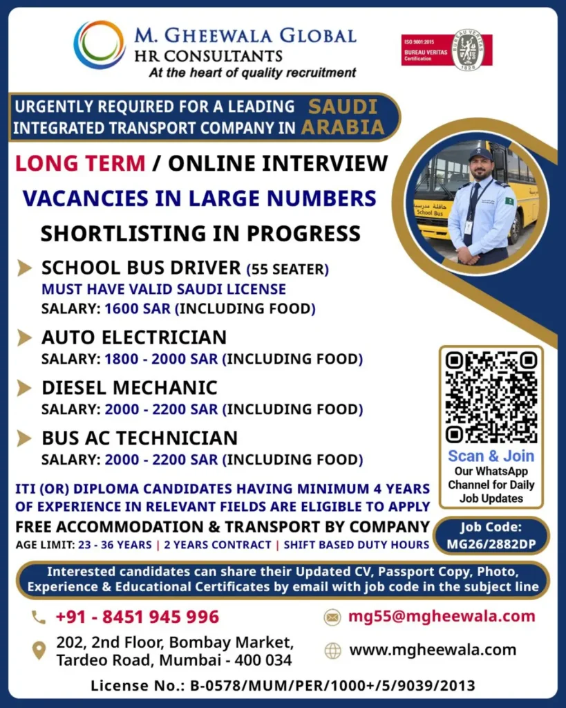 Saudi Arabia Transport Jobs 2026: Driver, Mechanic Vacancies