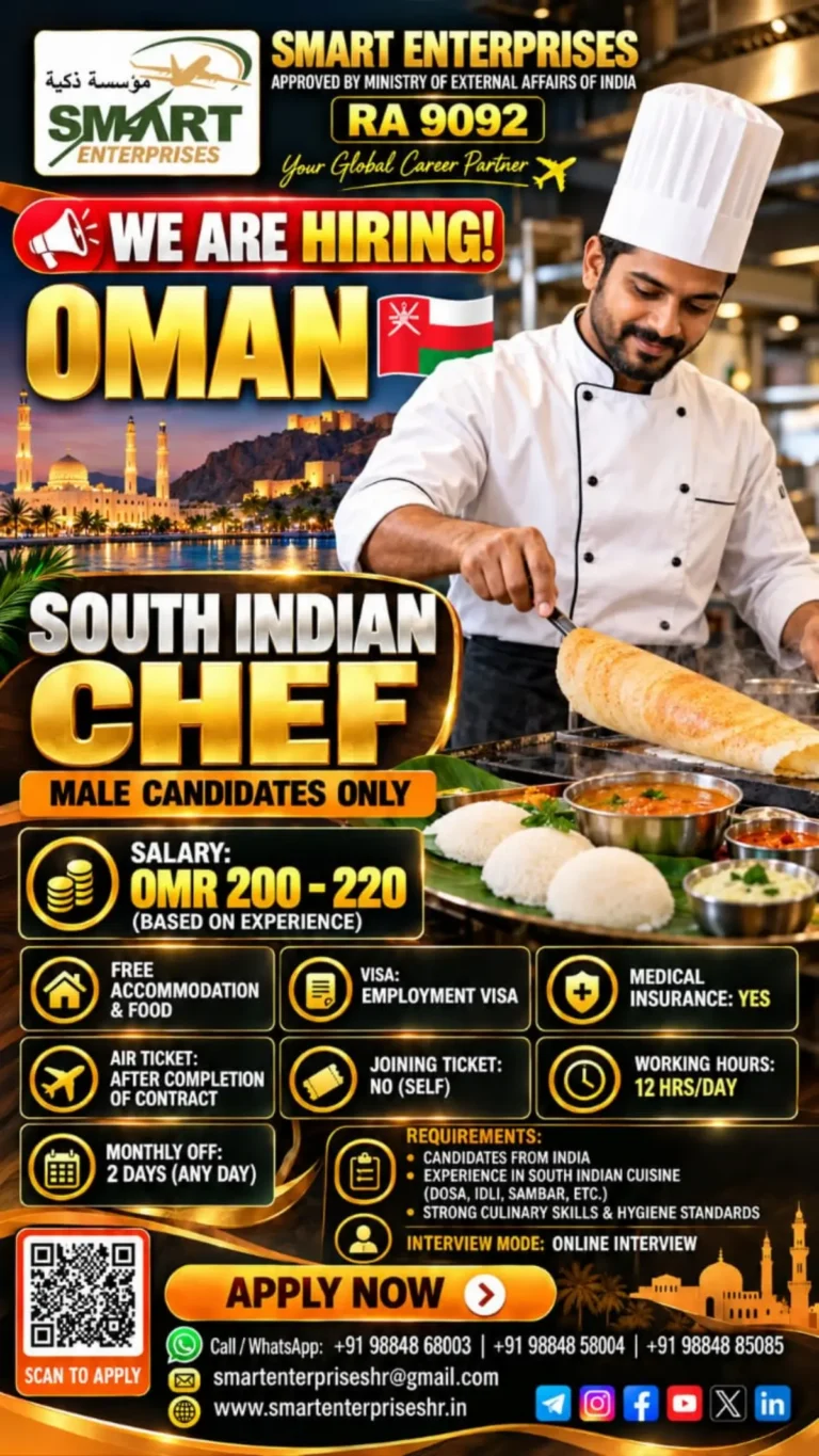 South Indian Chef Jobs in Oman 2026 – Salary OMR 220