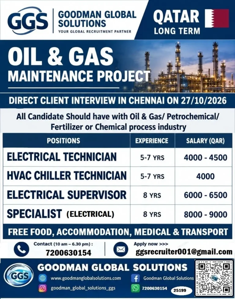 Qatar Oil and Gas Jobs 2026 – Chennai Interview on 27 October