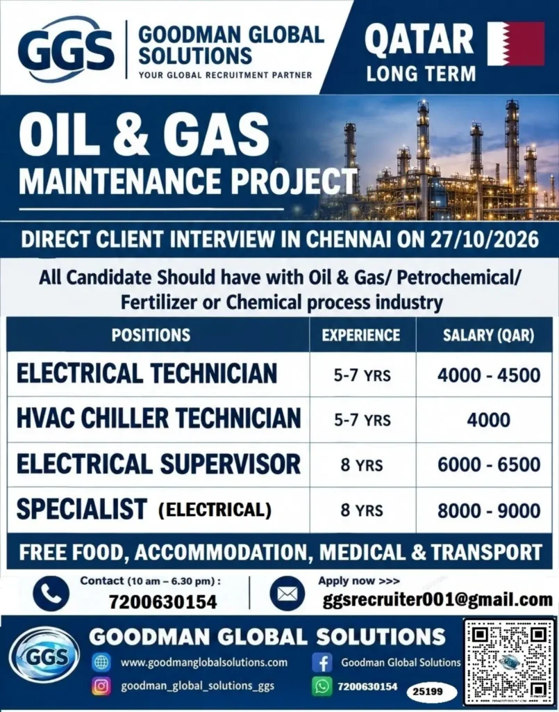 Qatar Oil and Gas Jobs 2026 – Chennai Interview on 27 October