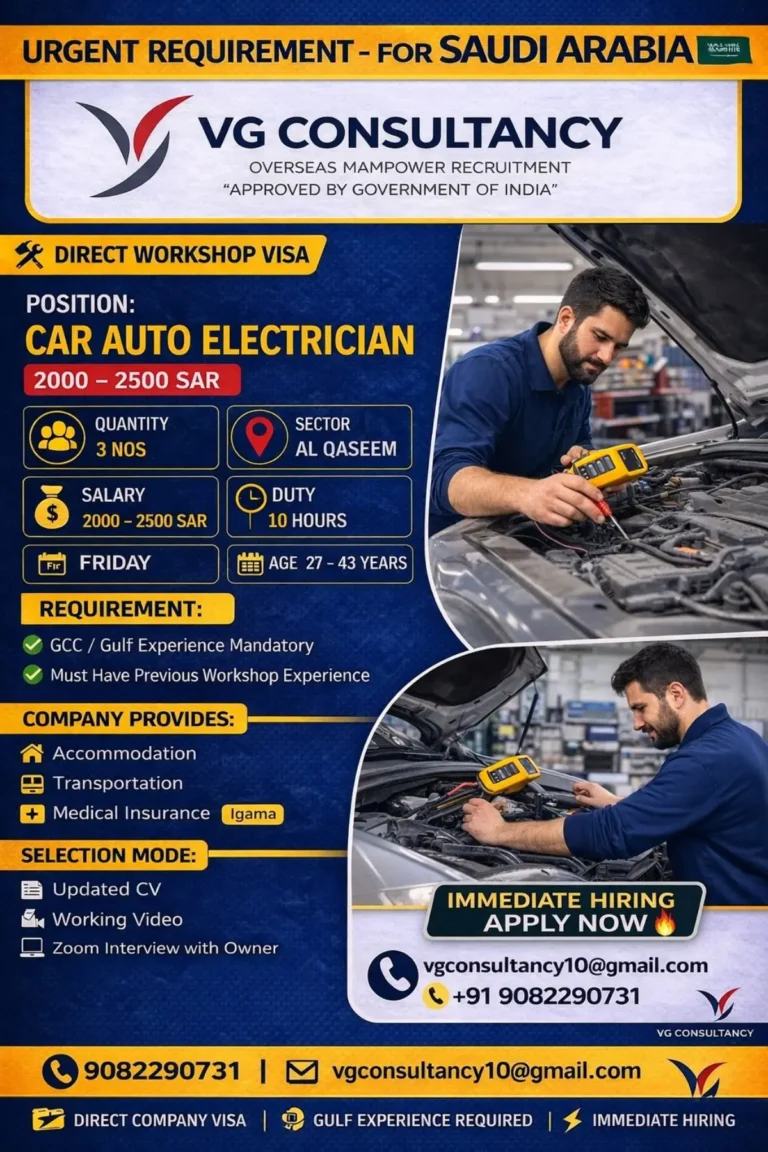 Saudi Arabia Car Auto Electrician Jobs 2026 – 3 Vacancies