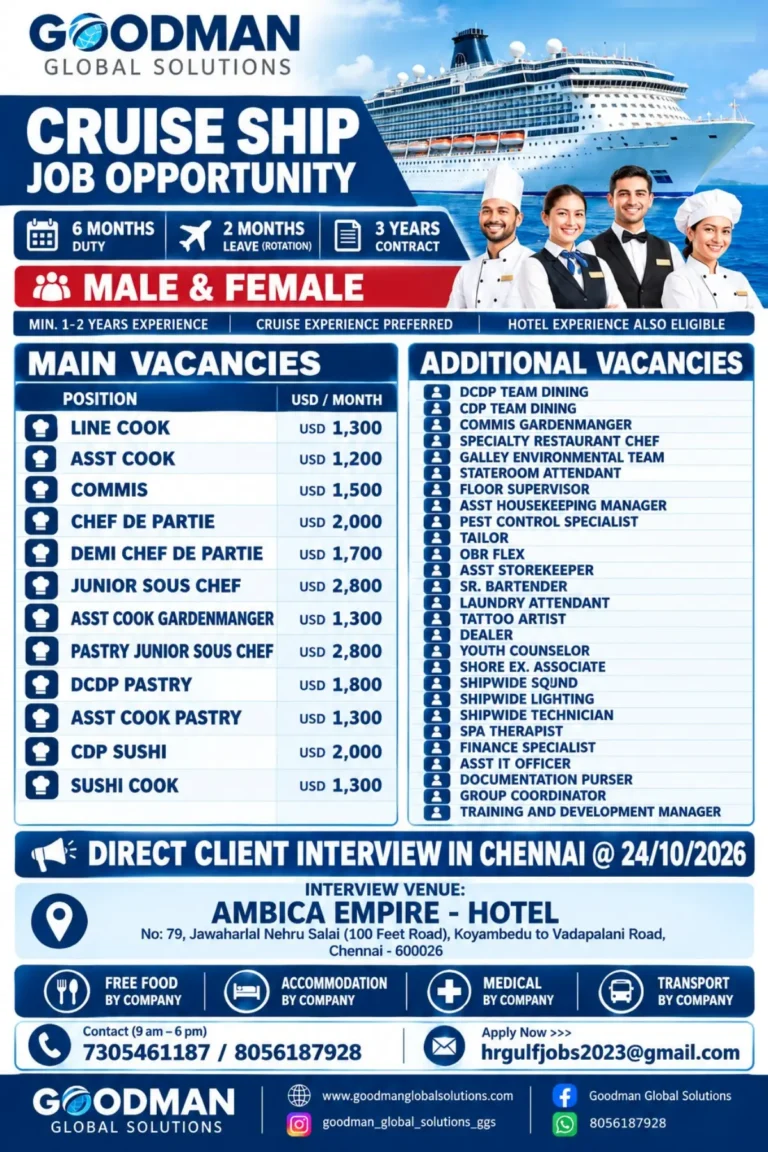 Goodman Global Solutions Cruise Ship Jobs 2026 – Chennai Interview