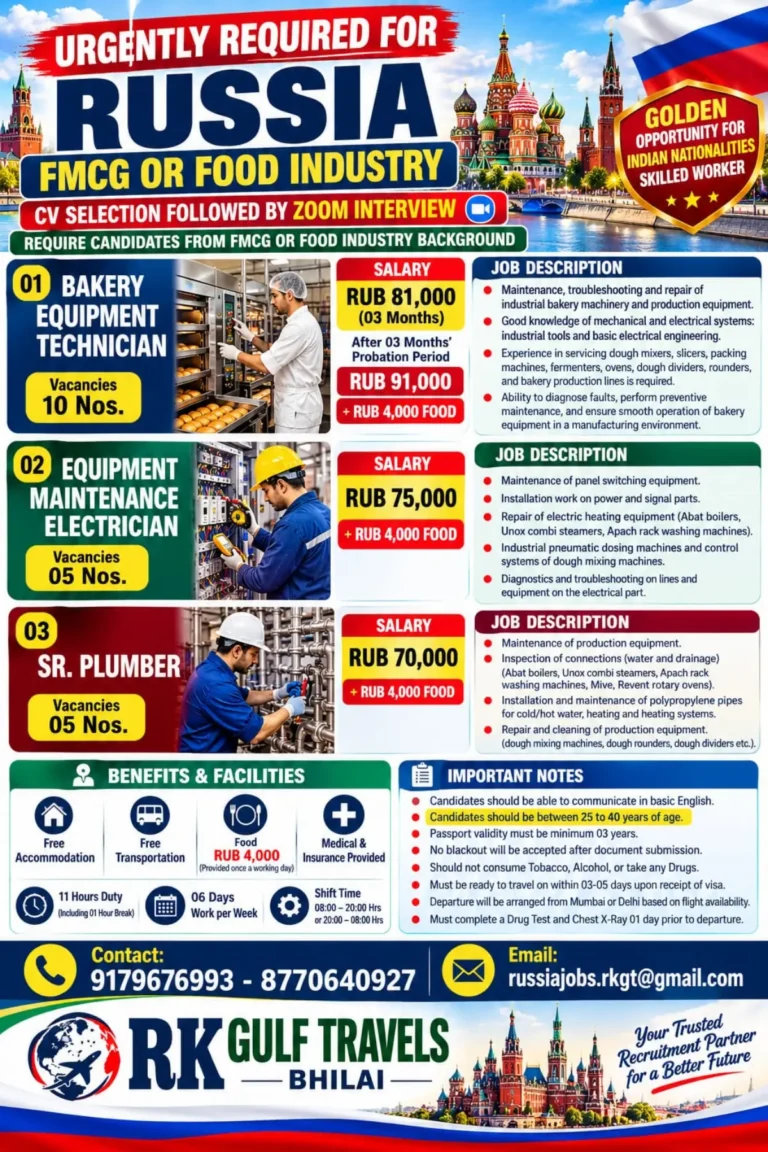 Russia Jobs 2026: 20 Vacancies for Technicians, Electricians & Plumbers
