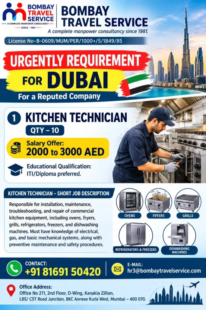 Dubai Kitchen Technician Jobs 2026 – 10 Vacancies, Salary AED 3,000