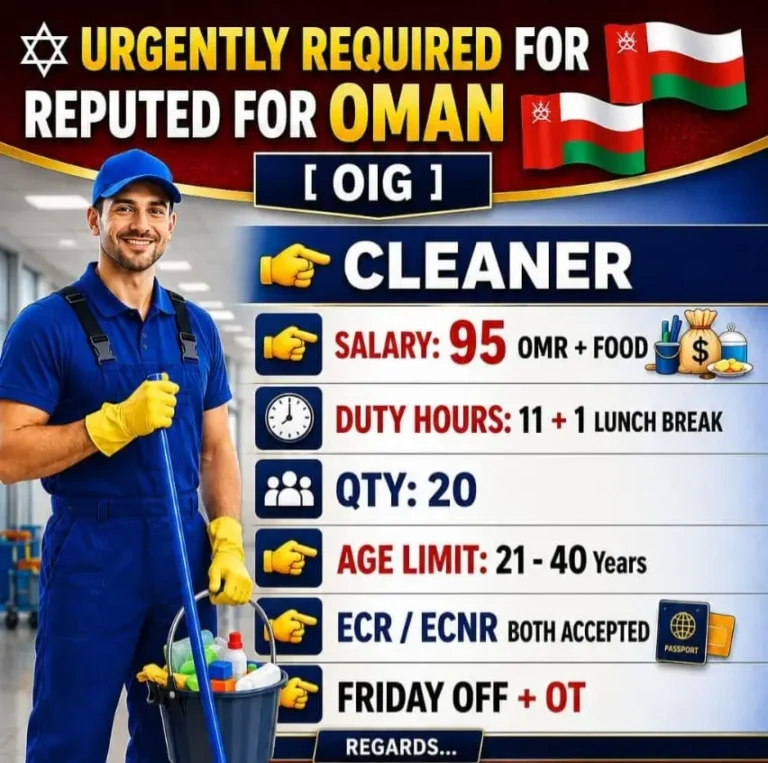 Oman Cleaner Recruitment 2026 – 20 Vacancies, 95 OMR Salary
