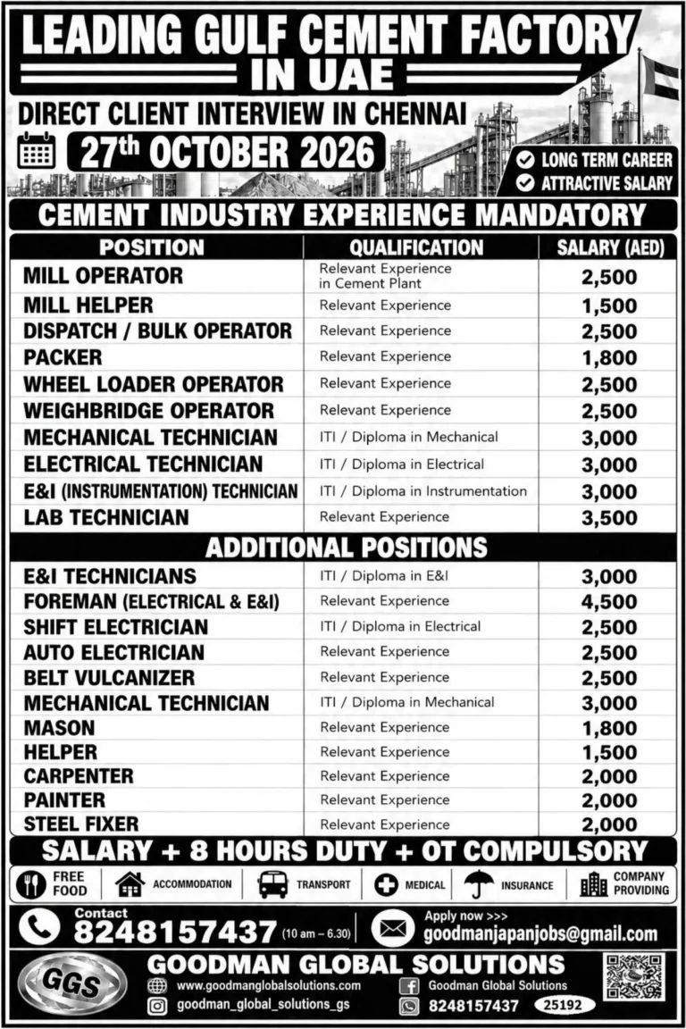 UAE Cement Factory Recruitment 2026 – Salary Up to AED 4,500