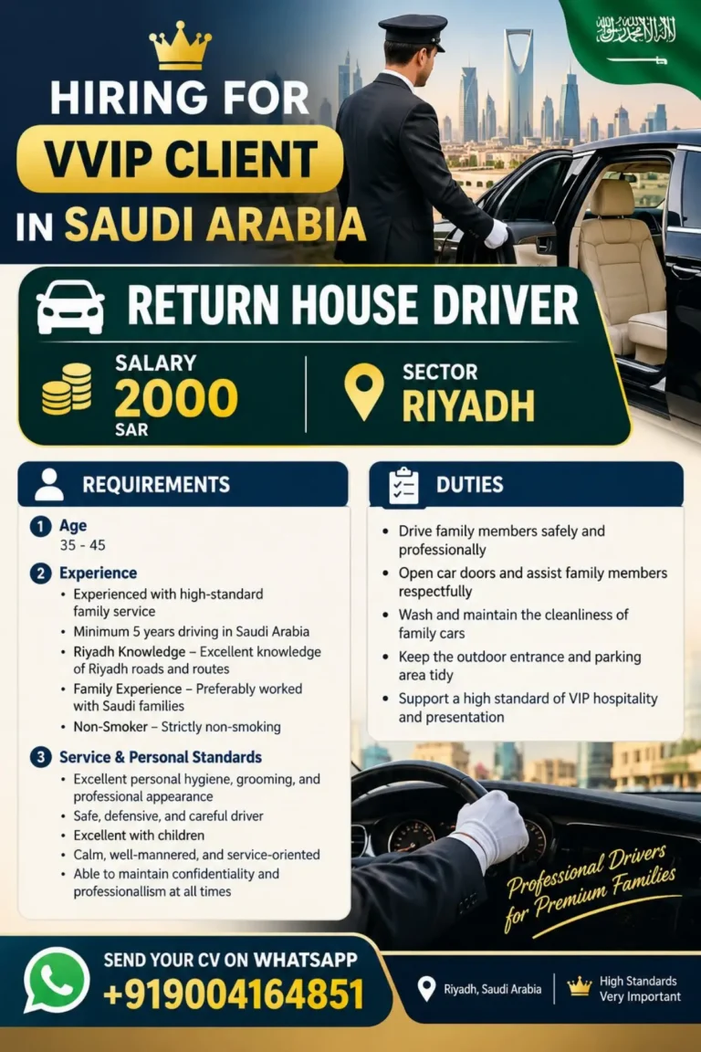 Saudi Arabia Driver Jobs 2026 – Return House Driver Vacancy in Riyadh