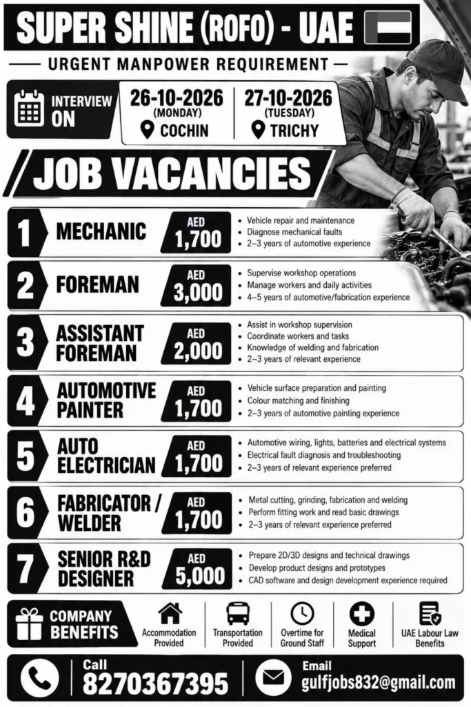 SUPER SHINE (ROFO) UAE Recruitment 2026 – Mechanic, Foreman, Electrician & Other Vacancies 1 SUPER SHINE UAE Recruitment 2026 – 7 Vacancies, Salary up to AED 5,000