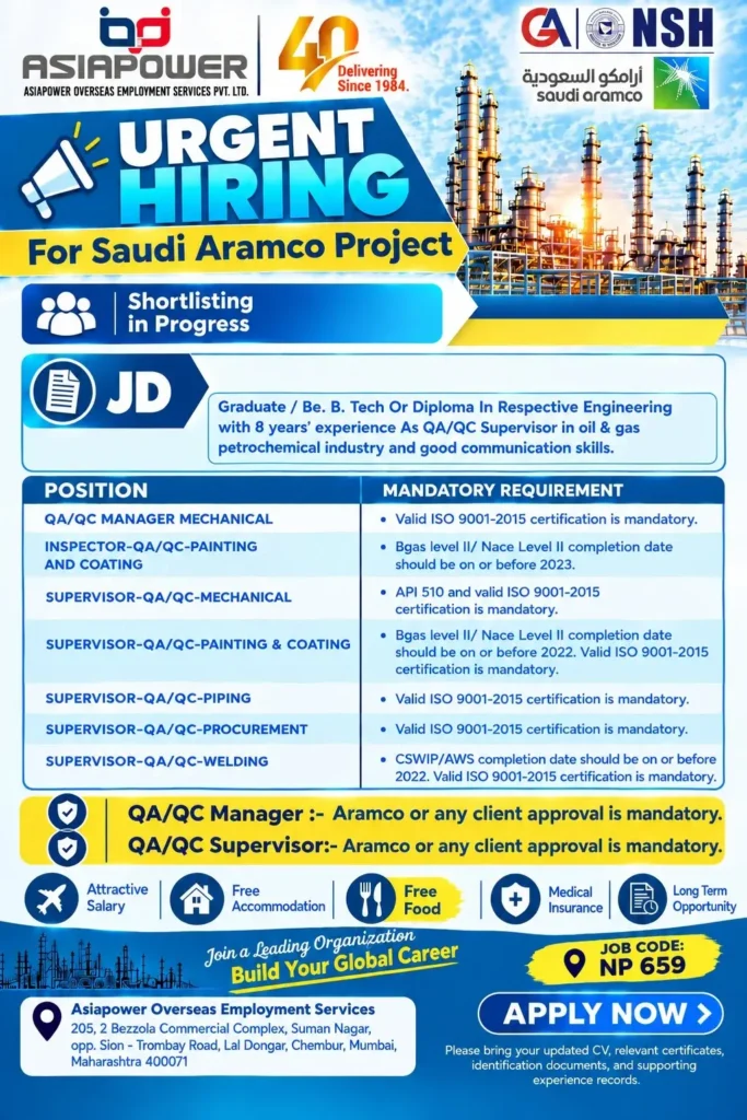 Saudi Aramco Project Recruitment 2026 – Asiapower Overseas Employment Services