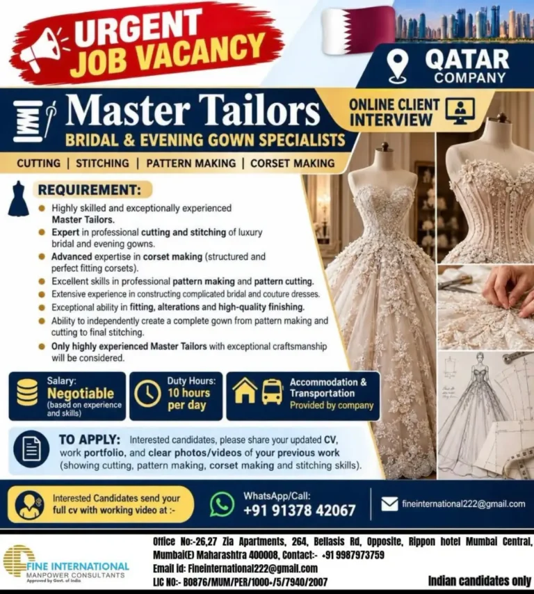 Qatar Master Tailor Jobs 2026 – Bridal Gown Specialists