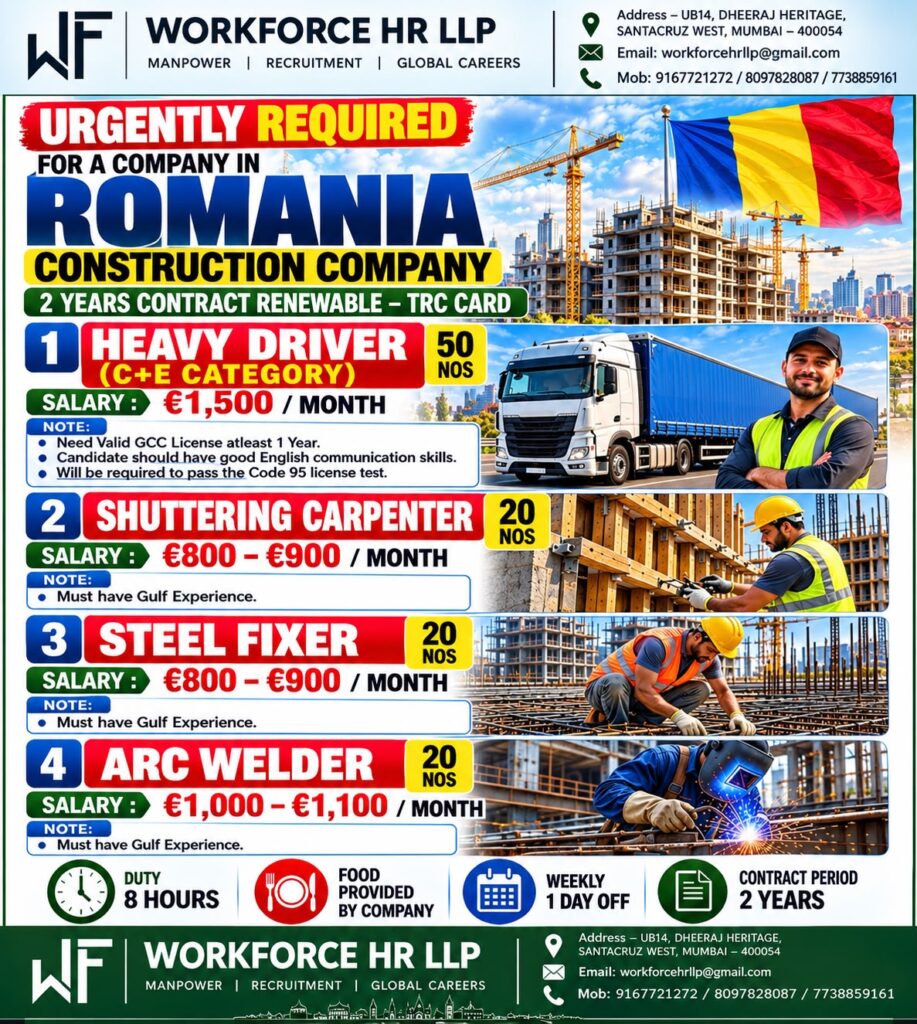 Romania Jobs 2026: 110 Construction Vacancies | Salary up to €1,500