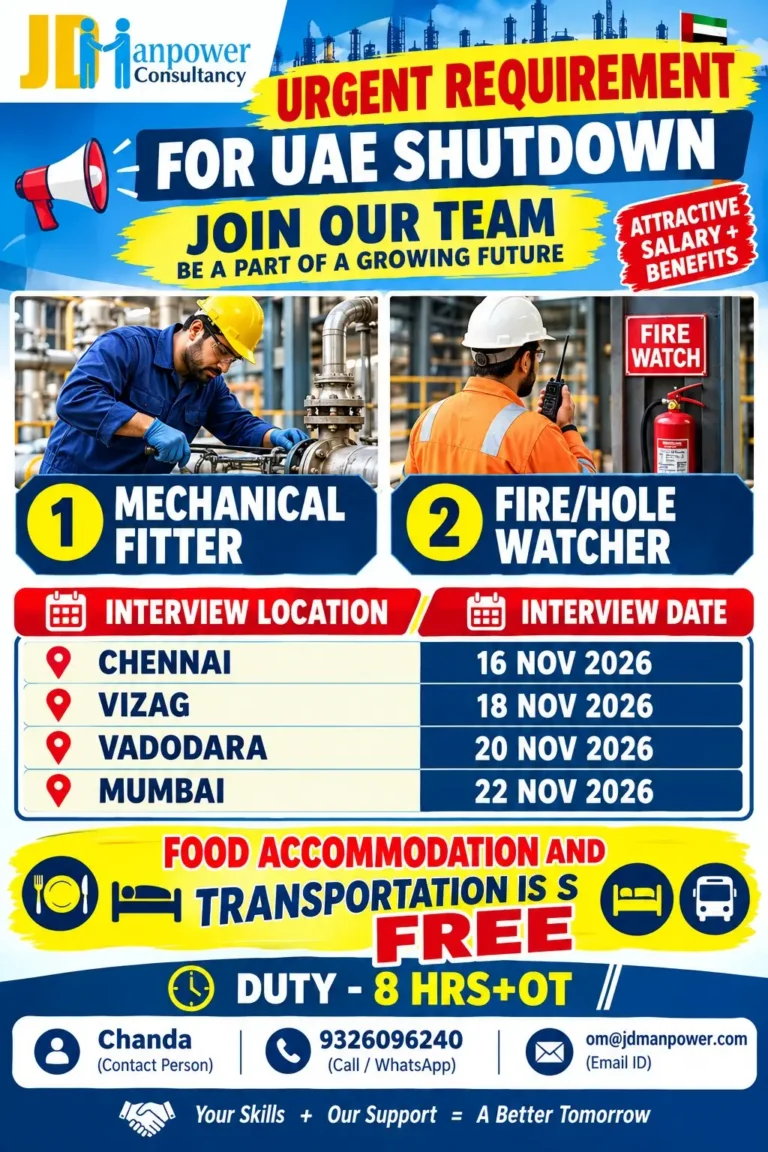 UAE Shutdown Job Vacancy 2026: Fire Watch and Mechanical Fitter Jobs – Interview in Chennai, Vizag, Vadodara and Mumbai