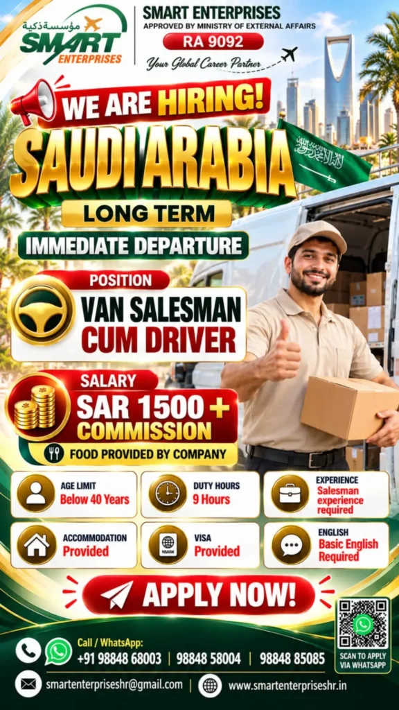 Saudi Arabia Jobs 2026: Van Salesman Cum Driver