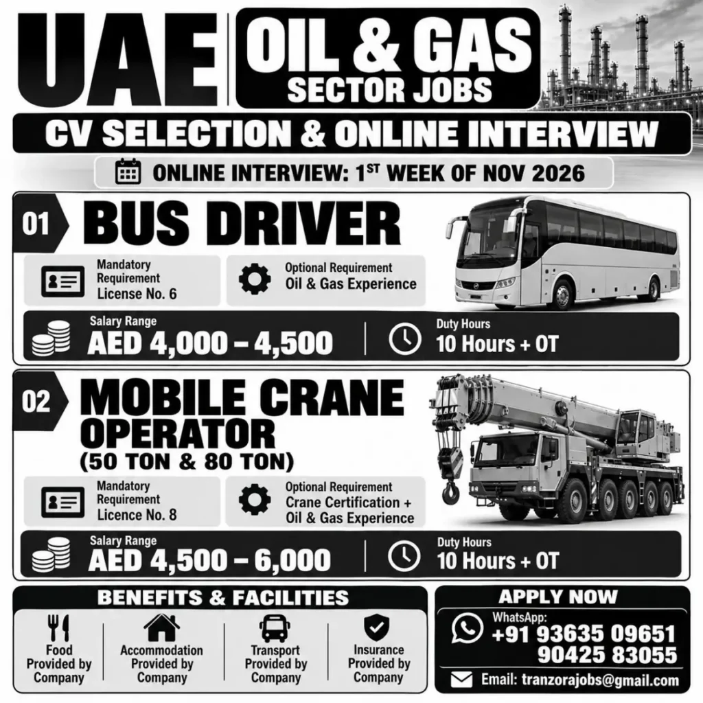 UAE Oil & Gas Jobs 2026 – Bus Driver, Mobile Crane Operator Vacancy