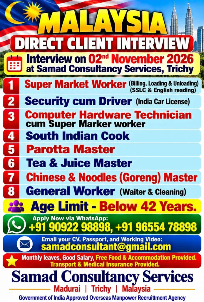 Malaysia Jobs 2026 – Direct Client Interview on 2 November, Free Food & Accommodation