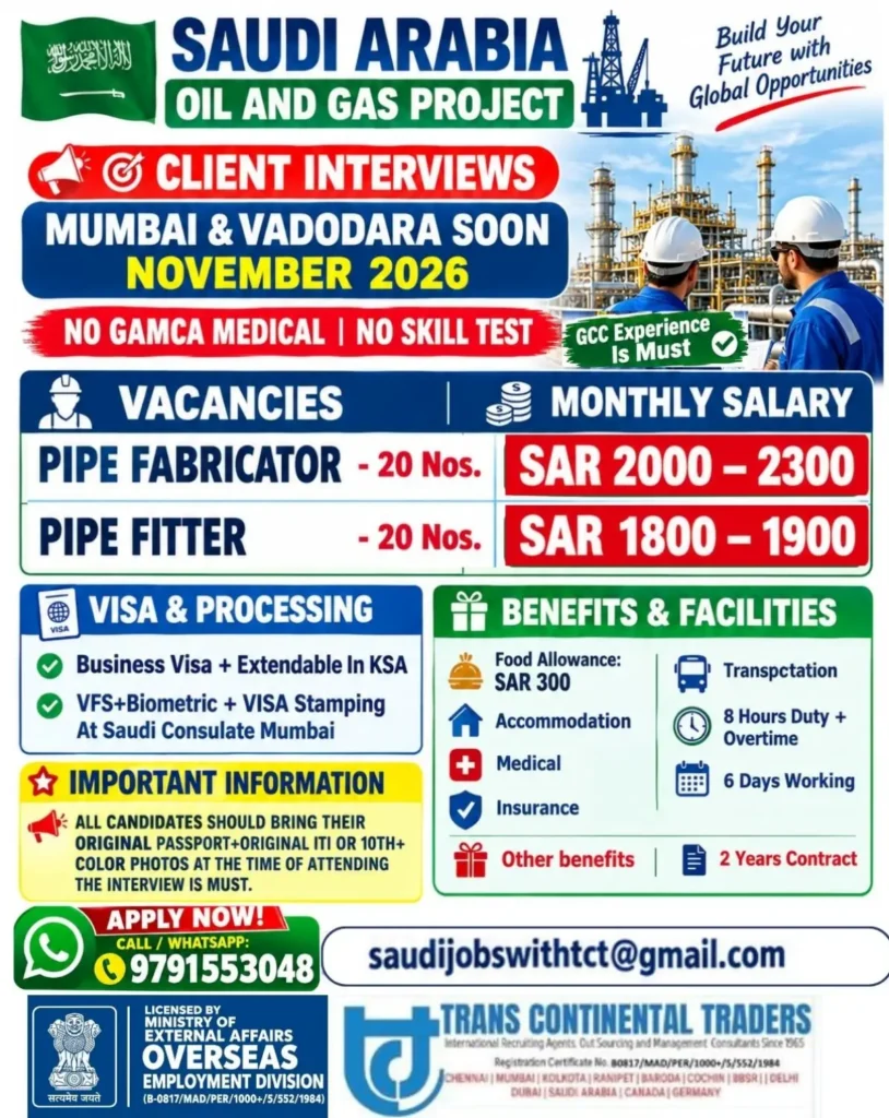 Saudi Arabia Oil & Gas Project Recruitment 2026 – Pipe Fabricator & Pipe Fitter Vacancies 1 Saudi Arabia Oil and Gas Jobs 2026 – 40 Pipe Fabricator & Fitter Vacancies