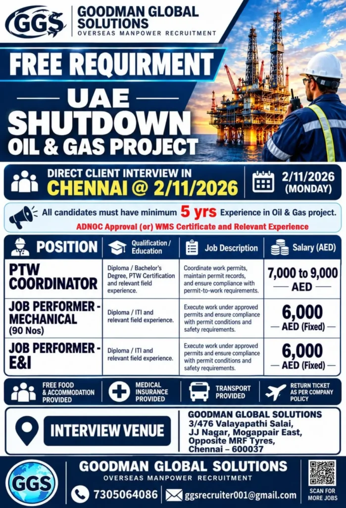 UAE Shutdown Oil & Gas Jobs 2026 – Direct Interview in Chennai