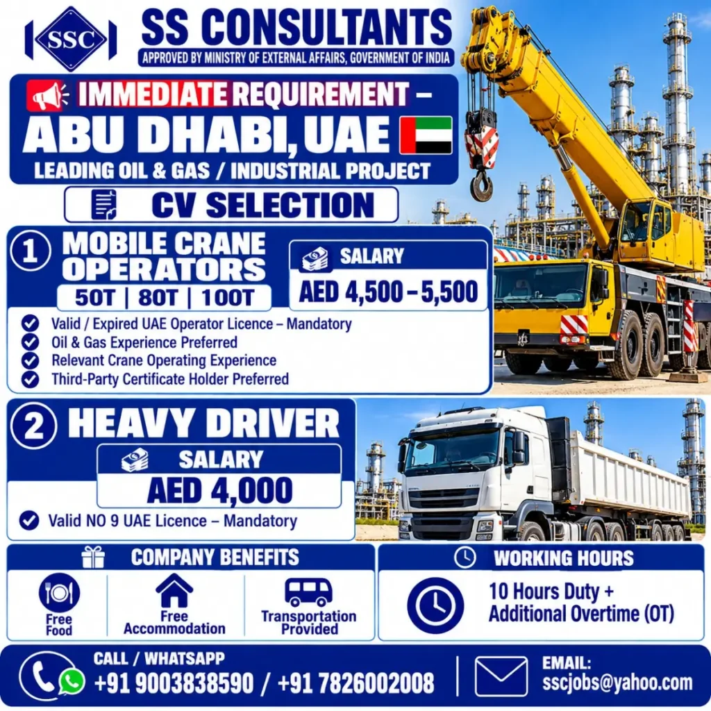 UAE Jobs 2026: Crane Operators & Heavy Drivers Vacancy in Abu Dhabi