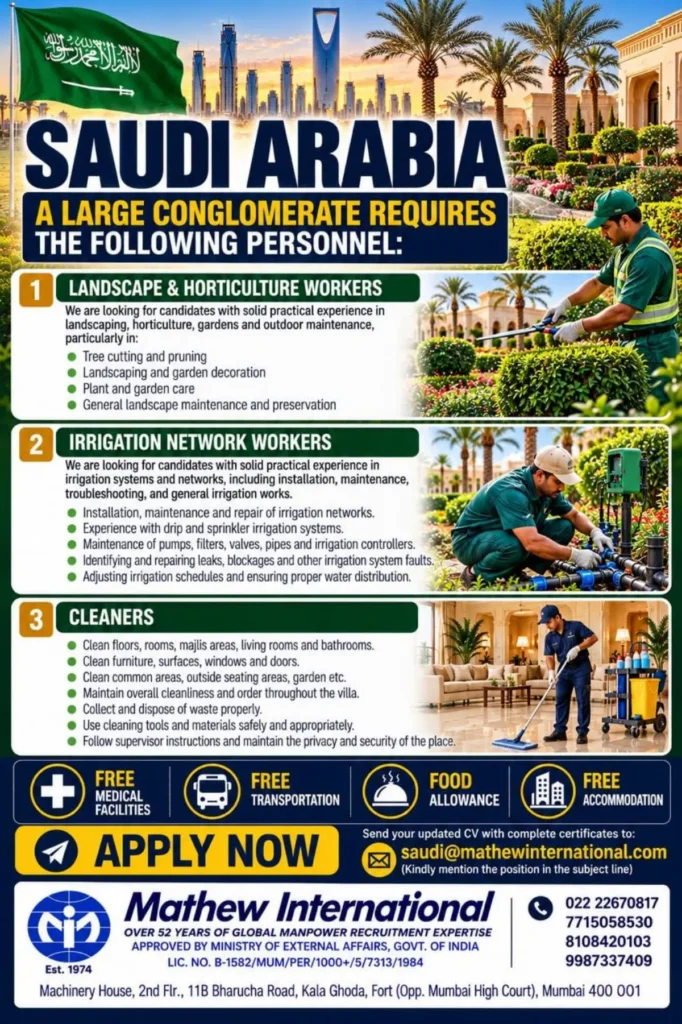 Saudi Arabia Jobs 2026 – Landscape Workers, Irrigation Workers & Cleaners