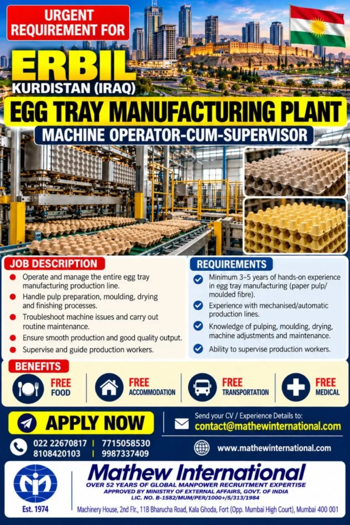 Erbil Iraq Jobs 2026 – Machine Operator-cum-Supervisor Vacancy