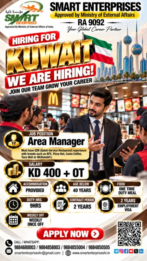 Kuwait Area Manager Jobs 2026 – KD 400 Salary + OT
