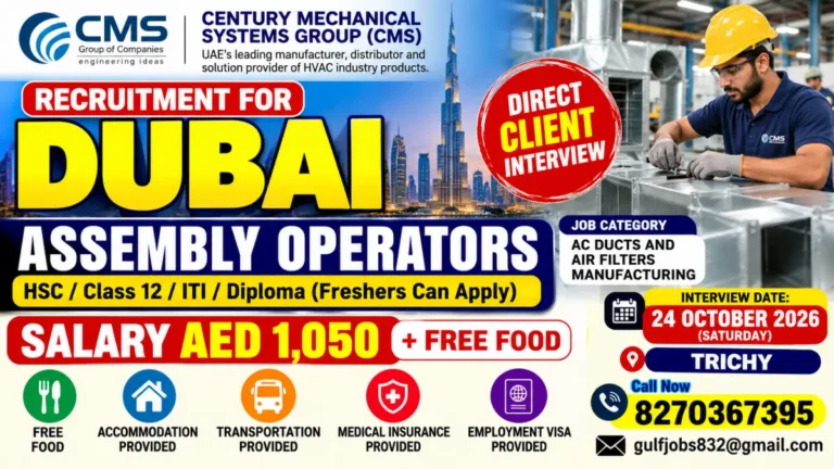 Dubai CMS Recruitment 2026 – Assembly Operators Vacancy | Salary AED 1,050 + Free Food